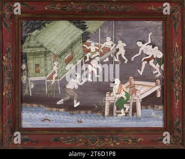 Vessantara Jataka, Kapitel 5: Der Brahmin Jujaka mit seiner Frau Amittapana, Ende des 19. Jahrhunderts. Stockfoto