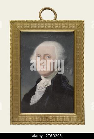 George Washington, 1800 Uhr. Diese Miniatur ist eine reduzierte Kopie eines Ölgemäldes von Gilbert Stuart von George Washington: Der sogenannte Athenaeum-Typ, nach dem bekanntesten Beispiel im Boston Athenaeum. Die Lichter werden durch Streifen aus Silberfolie auf der Rückseite des Elfenbeins verstärkt. Nach Washingtons Tod im Jahr 1799 waren Miniaturen von ihm sehr beliebt bei Amerikanern, die sie als Zeichen von Respekt, Patriotismus und Trauer bis weit ins 19. Jahrhundert trugen und zeigten. Stockfoto