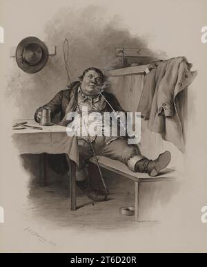 Toby Weller, 1888. Ein Postkutschfahrer, der sich entspannt und seine Pfeife genießt. Toby Weller war eine Figur in Charles Dickens’ „The Pickwick Papers“, die erstmals 1836/1837 erschien. Stockfoto