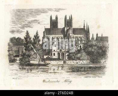 Blick auf Westminster Abbey von der Themse, London, 1807. Kupferstich gezeichnet und gestochen von James Peller Malcolm aus seinen Anekdoten der Manners and Customs of London im 18. Jahrhundert, Longman, Hurst, London, 1808. Malcolm (1767-1815) war ein amerikanisch-englischer Topograph und Kupferstecher, Fellow der Society of Antiquaries. Stockfoto