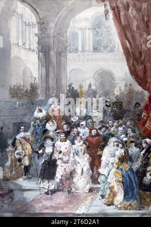 Studium für ein Gemälde eines Kostümballs, gegeben von der Prinzessin von Sagan, 1883. Dieses Aquarell ist eine Studie für ein Gemälde mit dem Titel „Fête chez la Princess de Sagan“ (1883, Privatsammlung), das zur Erinnerung an einen Ball entstand, der 1883 in der Villa Sagan in der Nähe von Les Invalides in Paris (heute polnische Botschaft) stattfand. Daher ist die Inschrift auf der Rückseite des Aquarells: „Studie für eine Party im Durazzo-Palast, hingerichtet für Monsieur den Viscomte Henri Greffuhle“ teilweise falsch. Stockfoto