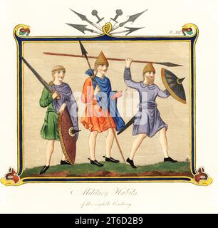 Angelsächsischer Offizier, Kavalier und Fußsoldat. Erster Offizier in der königlichen Garde, berittene Soldat mit Lanze und ein Infanteriemann mit Lanze und Schild. Aus dem Altenglischen Hexateuch, Cotton MS Claudius B iv. Handkolorierter Stich von Joseph Strutt aus seiner vollständigen Ansicht des Kleides und der Gewohnheiten der Menschen von England, Henry Bohn, London, 1842. Stockfoto