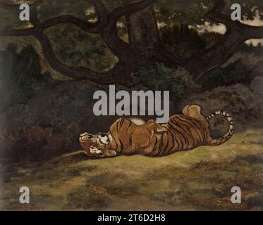 Tiger Rolling, C1850-1869. In dieser amüsanten Szene rollt der Tiger auf dem Boden und reibt sich seinen Rücken ähnlich wie bei Hauskatzen. Die alte Eiche ähnelt denen, die Barye im Wald von Fontainebleau skizziert hat. Stockfoto