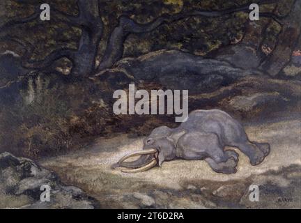 Elefant schläft, C1850-1860 Ein asiatischer Elefant, vielleicht derjenige, der 1843 im Jardin des Plantes ankam, schläft auf einer kleinen Lichtung im Wald von Fontainebleau. Rote und gelbe Anklänge im rechten Hintergrund deuten darauf hin, dass es Abend ist. Stockfoto