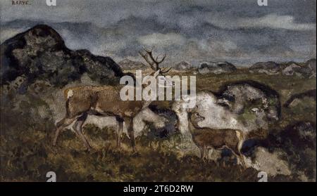 Hirsch und Doe, 1850er-1860er Ein Hirsch und ein Hirsch stehen in einem felsigen Gebiet des Fontainebleau-Waldes an der Alarmgrenze. Stockfoto