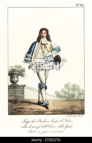 Louis Alexandre de Bourbon, Graf von Toulouse, 1678-1737, in zeremonieller Kleidung eines Novizen des Ordens vom Saint-Esprit, kurzer umhang, Jacke, gepolsterter Schlauch, Strümpfe mit blauen Bändern. Louis de Bourbon, Comte de Toulouse. Habit de Novice de l'Ordre du St.Espirit. Costume de Ceremonie. Handkolorierte Lithographie von Lorenzo Bianchi und Domenico Cuciniello nach Hippolyte Lecomte aus Costumi civili e militari della monarchia francese dal 1200 al 1820, Neapel, 1825. Italienische Ausgabe der Lecomtes Zivil- und Militärkostüme der französischen Monarchie von 1200 bis 1820. Stockfoto