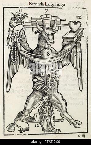 OX, Evangelium von Lukas, 1502. Mnemonik, oder Gedächtnisvorrichtung, die einem helfen soll, sich an das Lukas-Evangelium zu erinnern. Sein Symbol, der Ochse, zeigt Bilder, die Schlüsselmomente in jedem Kapitel darstellen. Lateinischer Text: Secunda Luce imago. Illustration aus dem "Rationarum Evangelistarum" (Berichte der Evangelisten). Stockfoto