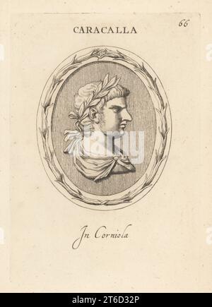Marcus Aurelius Antoninus oder Caracalla, 188 217, römischer Kaiser von 198 bis 217. Älterer Sohn von Kaiser Septimius Severus und Kaiserin Julia Domna. Im Karneol. Caracalla. Bei Corniola. Kupferstich von Giovanni Battista Galestruzzi nach Leonardo Agostini aus Gemmae et Sculpturae Antiquae Depicti ab Leonardo Augustino Senesi, Abraham Blooteling, Amsterdam, 1685. Stockfoto