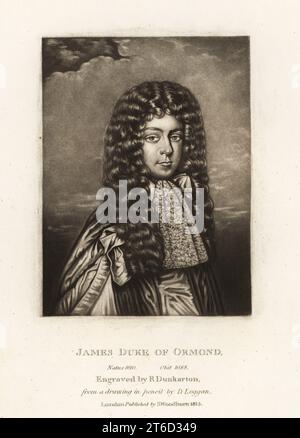 Generalleutnant James FitzThomas Butler, 1. Duke of Ormonde, 16101688. Irischer Staatsmann und royalistischer Soldat, bekannt als Earl of Ormond und Marquess of Ormond. Mezzotint-Kupferstich von Robert Dunkarton nach einer Bleistiftzeichnung von David Loggan aus Richard Earlom und Charles Turners Porträts von Charakteren, die in der britischen Geschichte berühmt sind, graviert in Mezzotinto, veröffentlicht bei S. Woodburn, London, 1815. Stockfoto