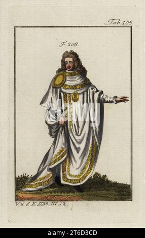 Ritter in zeremoniellen Gewändern des Ordens des Heiligen Michals, eines französischen Ritterordens, der 1469 von König Ludwig XI. Gegründet wurde Kopiert nach einer Illustration von Christoph Weigel in Philipp Bonannis Ritter-Ordern, 1728. Handkolorierter Kupferstich aus Robert von Spalarts historischem Bild der Kostüme der Hauptmenschen der Antike und des Mittelalters, Wien, 1802. Stockfoto
