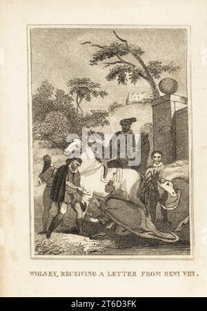 Kardinal Thomas Wolsey, 1473–1530, erhielt einen Brief von König Heinrich VIII. Während er in der Nähe von York reitete, 1530. Kupferstich aus M. A. Jones History of England von Julius Caesar bis George IV., G. Virtue, 26 Ivy Lane, London, 1836. Stockfoto