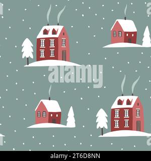 Nahtloses skandinavisches Weihnachtsmuster. Winterstoff, Textildesign mit roten Häusern, Bäumen und Schnee. Dekoratives handgezeichnetes Geschenkpapier Stock Vektor