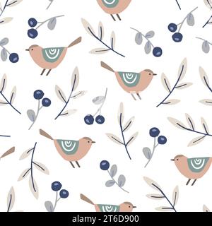 Nahtloses skandinavisches Weihnachtsmuster. Winterstoff, Textildesign mit Vögeln, Zweigen, Heidelbeeren. Dekoratives handgezeichnetes Geschenkpapier Stock Vektor