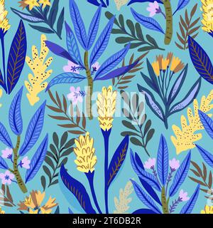Nahtloses Muster mit stilisierten tropischen Pflanzen und Blumen. Vektorabbildung. Stock Vektor