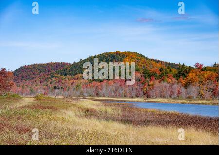 Blick auf die Adirondack Mountains entlang des Sacandaga River im Herbst Stockfoto