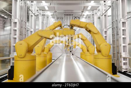 Vorderansicht, gelbe Roboterarme in einer Produktionslinie über einem Förderband in einer modernen Fabrik. Automatisierte Fertigung. 3D-Rendering, 3D-Abbildung Stockfoto