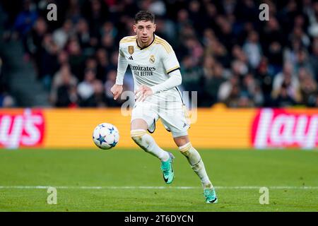 Madrid, Spanien. November 2023. Fede Valverde von Real Madrid spielte während des UEFA Champions League-Spiels Gruppe C zwischen Real Madrid und Sporting Clube de Braga am 8. November 2023 im Santiago Bernabeu Stadion in Madrid. (Foto: Alex Carreras/Imago) Credit: PRESSINPHOTO SPORTS AGENCY/Alamy Live News Stockfoto