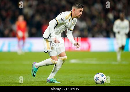 Madrid, Spanien. November 2023. Fede Valverde von Real Madrid spielte während des UEFA Champions League-Spiels Gruppe C zwischen Real Madrid und Sporting Clube de Braga am 8. November 2023 im Santiago Bernabeu Stadion in Madrid. (Foto: Alex Carreras/Imago) Credit: PRESSINPHOTO SPORTS AGENCY/Alamy Live News Stockfoto
