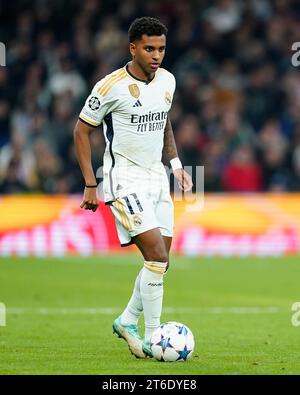 Madrid, Spanien. November 2023. Rodrygo geht gegen Real Madrid während des Spiels der UEFA Champions League, Gruppe C, zwischen Real Madrid und Sporting Clube de Braga, das am 8. November 2023 im Santiago Bernabeu Stadion in Madrid, Spanien, ausgetragen wurde. (Foto: Alex Carreras/Imago) Credit: PRESSINPHOTO SPORTS AGENCY/Alamy Live News Stockfoto