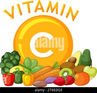 Bunte Vektor-Illustration, die Vitamin-C-reiche Lebensmittel für eine gesunde Ernährung zeigt Stock Vektor