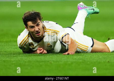 Madrid, Spanien. November 2023. Brahim Diaz von Real Madrid spielte am 8. November 2023 im Santiago Bernabeu Stadion in Madrid in der Gruppe C zwischen Real Madrid und Sporting Clube de Braga. (Foto: Bagu Blanco/PRESSINPHOTO) Credit: PRESSINPHOTO SPORTS AGENCY/Alamy Live News Stockfoto