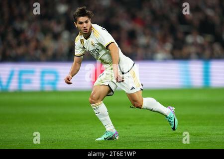 Madrid, Spanien. November 2023. Brahim Diaz von Real Madrid spielte am 8. November 2023 im Santiago Bernabeu Stadion in Madrid in der Gruppe C zwischen Real Madrid und Sporting Clube de Braga. (Foto: Bagu Blanco/PRESSINPHOTO) Credit: PRESSINPHOTO SPORTS AGENCY/Alamy Live News Stockfoto
