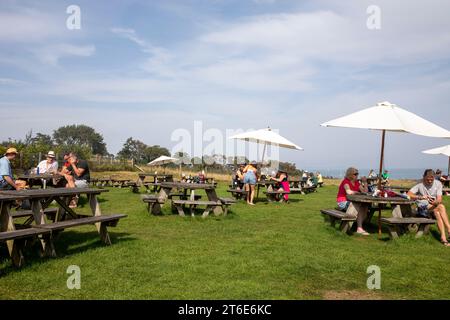 Englischer Pub Biergarten sonniger Tag, Bankes Arms Public House in Studland nahe Old Harry Rocks, Dorset, England, UK, 2023 Stockfoto