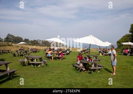 Englischer Pub Biergarten sonniger Tag, Bankes Arms Public House in Studland nahe Old Harry Rocks, Dorset, England, UK, 2023 Stockfoto