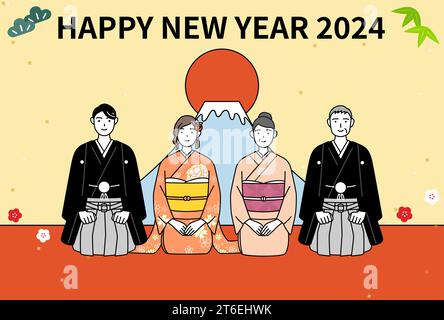 Neujahrskarte für 2024, Familie in Kimonos, Mt. Fuji und der erste Sonnenaufgang des Jahres, Vektor-Illustration Stock Vektor