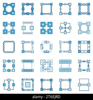Blockchain Technology Coloured Icons Kollektion. Vektorblockkette und Kryptowährungsblöcke Konzept blaue Zeichen oder Logoelemente Stock Vektor