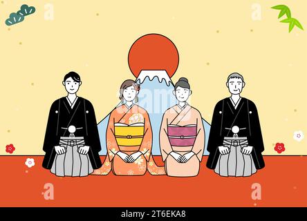 Neujahrskarte für 2024, Familie in Kimonos, Mt. Fuji und der erste Sonnenaufgang des Jahres, Vektor-Illustration Stock Vektor