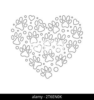 Katze oder Hund Paw druckt Herzvektor einfache Illustration in dünner Linie Stil. Ich liebe Tiere Konzept Minimal Illustration Stock Vektor
