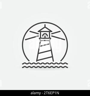 Kreis mit dem Symbol für Lighthouse and Ocean Vector Concept oder Zeichen im Umrissstil Stock Vektor