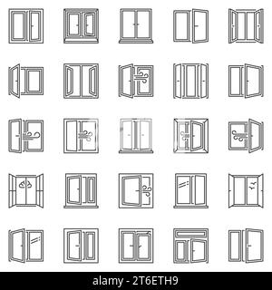 Symbolsatz für Windows-Konturen. Sammlung von Symbolen für Fensterkonzepte in dünner Linie. Schilder zur Raumbelüftung Stock Vektor