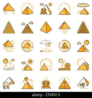 Ägyptische Pyramiden gelbe Vektorsymbole Set - Pyramiden moderne farbige Konzeptschilder Stock Vektor