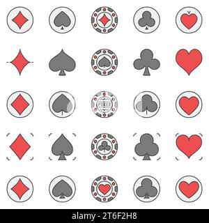 Spielkarte passt zu farbigen Ikonen – Diamanten, Pik, Clubs und Herzen Creative Concept Poker Chips und Casino Signs Kollektion Stock Vektor