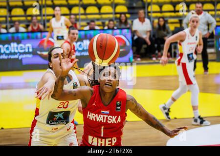 Split, Kroatien. November 2023. Paula Ginzo aus Spanien und Shavonte Zellous aus Kroatien, die am 9. November 2023 in der Gripe Sporthalle die FIBA Women's EuroBasket 2025 Qulifiers in der ersten Runde ausfindig machten. In Split, Kroatien. Foto: Zvonimir Barisin/PIXSELL Credit: Pixsell/Alamy Live News Stockfoto