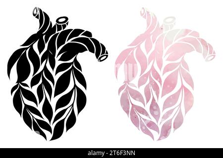 Vektor Clipart Sammlung einer gesunden schwarzen und rosa Aquarell menschlichen Herzen aus Blättern isoliert vom Hintergrund. Set von inneren Organen Stock Vektor