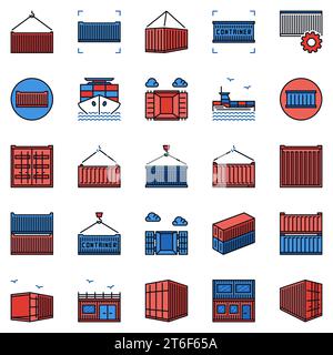 Farbige Symbole für Versandbehälter. Intermodales Frachtcontainer-Konzept moderne Schildersammlung Stock Vektor