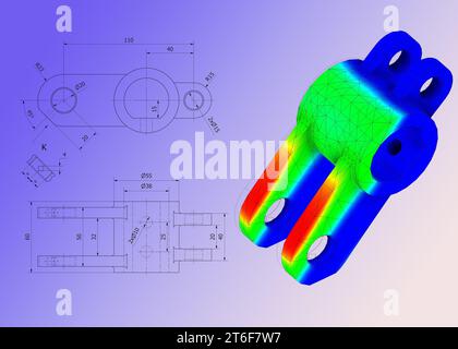 FEM-Analyse an mechanischen Metallverbindungen zur Berechnung von Widerstand, Spannung und Kräften vor dem Produktionsprozess Stockfoto