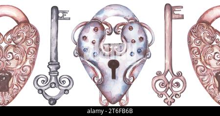 Nahtloser Rand im Retro-Stil in Aquarellfarben mit Schlüsseln und Vorhängeschlössern. Vintage-Schlüssel und Schloss Wiederholungsmuster Stockfoto