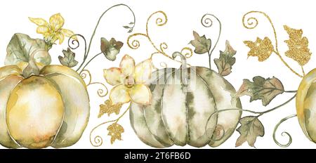 Aquarellernte mit Kürbis, Blüten und Blättern an den Clipart. Nahtlose Herbstdekor Komposition für Thanksgiving, Herbstarrangierkarte, r Stockfoto