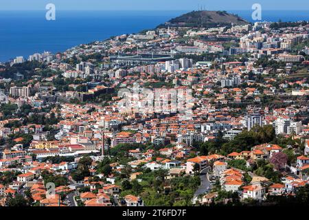 Blick vom botanischen Garten in Funchal, Jardim Botanico, auf die Stadt Funchal, Madeira, Portugal Stockfoto