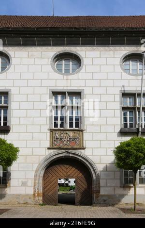 Bündniswappen von Graf Rudolf VI. Von Helfenstein und Anna Maria von Staufen auf Schloss Helfenstein, Elefant, Wappentier, Wiesensteig Stockfoto