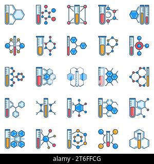 Chemische Verbindung mit kreativen Symbolen für Reagenzgläser. Probenröhrchen und chemische Formel Konzept Vektor farbige Schilder Sammlung Stock Vektor