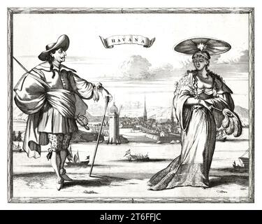 Alte Illustration von Mann und Frau in traditioneller Kleidung in Havanna, Kuba. Vom unbekannten Autor, publ. CA 1700 Stockfoto