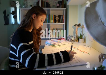 Teenager-Mädchen, das sich mit Karteikarten und Notizen an ihrem Schreibtisch überarbeitet Stockfoto