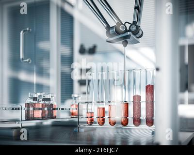 Laborfleisch in Reagenzgläsern: Untersuchung der in-vitro-Fleischproduktion mit Pick-and-Place-Roboter - 3D-Rendering Stockfoto