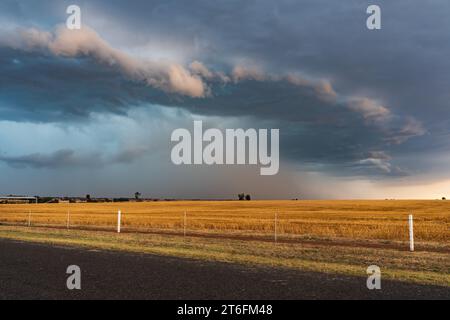 Stürmische Wolkenbildung über trockenem ländlichem Ackerland in Moolort im Zentrum von Victoria, Australien. Stockfoto