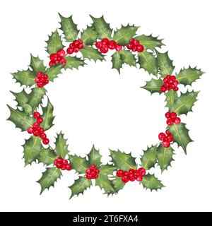 Weihnachtskranz aus roten stechpalmenbeeren mit grünen Blättern. Einrichtung für Neujahr, Weihnachten und saisonale Feiertage. Traditionelle Wintergirlande Stockfoto